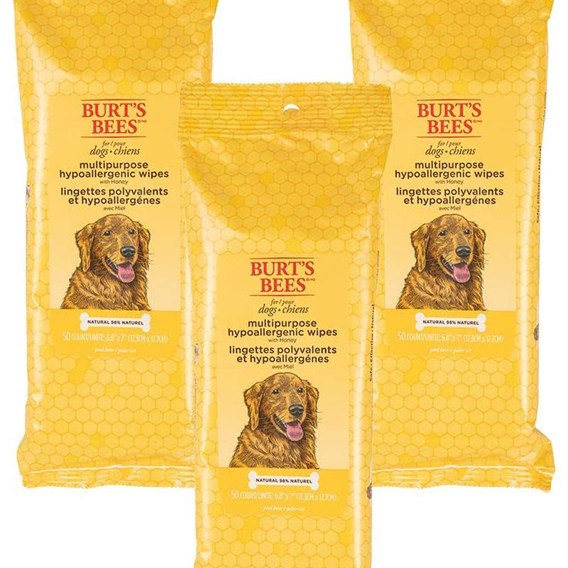 Burt'S Bees for Pets Multipurpose Dog Wipes with Honey, 98% Natural Origin Formulas, Hypoallergenic Dogs Wipe, Canine Cleaning Sheets for Paws and Butt, 3 Pk, 50Ct