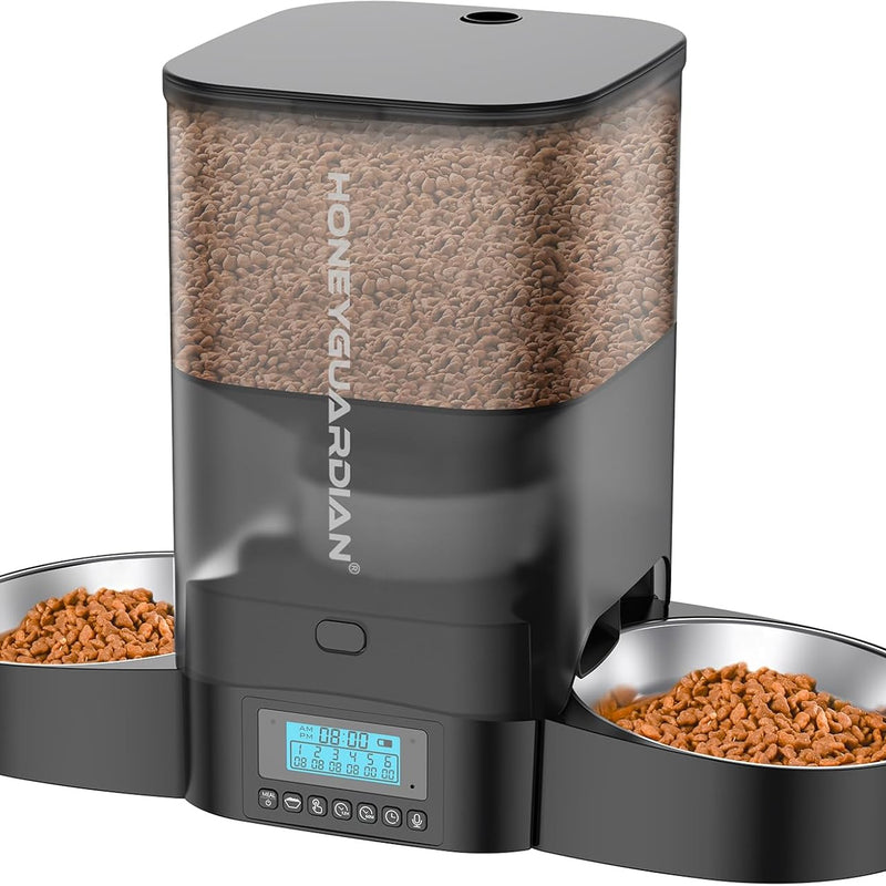 Honeyguaridan 3.5L Automatic Cat Feeder for Two Cats, Food Dispenser with Stainless Steel Bowl,Timed Cat Feeder Programmable 1-6 Meals Control, Dual Power Supply,10S Meal Call Black