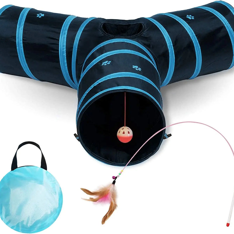 Cat Tunnel with Interactive Toy - Collapsible 3-Way Pet Tunnel for Indoor Cats - Ideal Playtime Accessory for Cats and Rabbits (Blue)