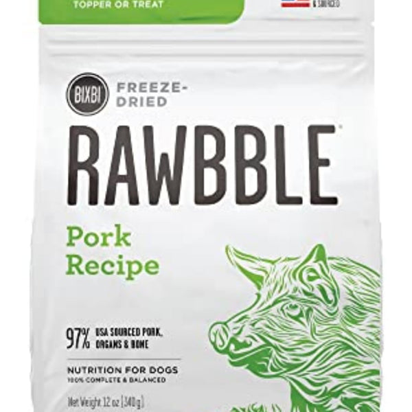 BIXBI Rawbble Freeze Dried Dog Food, Pork Recipe, 12 Oz - 97% Meat and Organs, No Fillers - Pantry-Friendly Raw Dog Food for Meal, Treat or Food Topper - USA Made in Small Batches