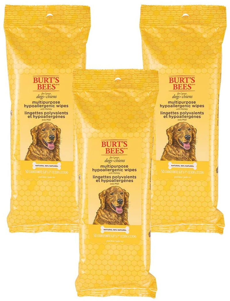 Burt'S Bees for Pets Multipurpose Dog Wipes with Honey, 98% Natural Origin Formulas, Hypoallergenic Dogs Wipe, Canine Cleaning Sheets for Paws and Butt, 3 Pk, 50Ct