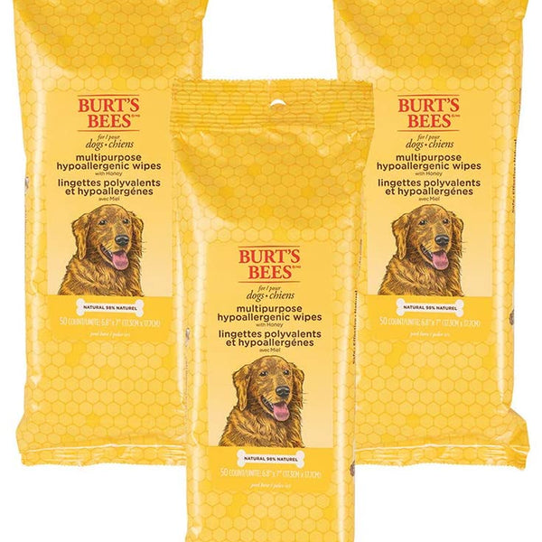 Burt'S Bees for Pets Multipurpose Dog Wipes with Honey, 98% Natural Origin Formulas, Hypoallergenic Dogs Wipe, Canine Cleaning Sheets for Paws and Butt, 3 Pk, 50Ct