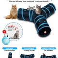 Cat Tunnel with Interactive Toy - Collapsible 3-Way Pet Tunnel for Indoor Cats - Ideal Playtime Accessory for Cats and Rabbits (Blue)