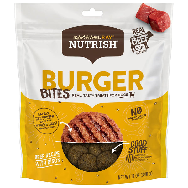 Rachael Ray Nutrish Burger Bites Dog Treats, Beef Burger with Bison Recipe, Grain Free, 12 Oz.
