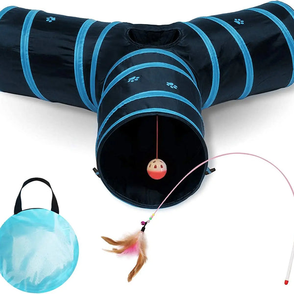 Cat Tunnel with Interactive Toy - Collapsible 3-Way Pet Tunnel for Indoor Cats - Ideal Playtime Accessory for Cats and Rabbits (Blue)